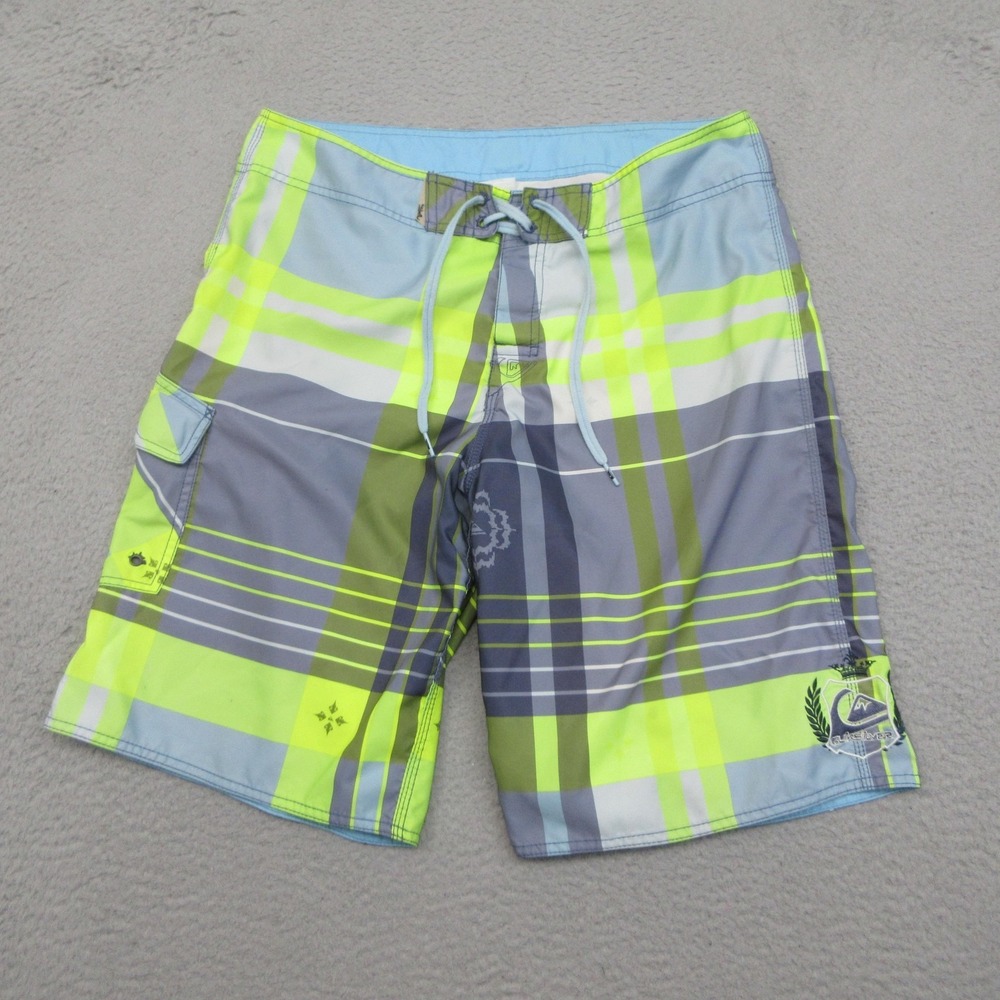 Quiksilver Board Shorts Mens 34 Blue Neon Yellow Plaid Cargo Surf Swim Beach